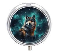 Boîte à pilules Wolf Under The Starry Sky à 3 compartiments pour sac à main ou poche, mini pilulier en métal, récipient à médicaments quotidien rond pour contenir des vitamines, de l'huile de poisson