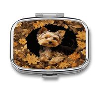 Boîte à pilules Yorkshire Terrier in The Cave à 2 compartiments portable en métal avec miroir élégant pour sac à main, poche de voyage