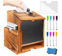 Boîte à propositions en bois 20,3 x 15 x 27 cm avec stylo tableau noir 8 couleurs et effaceur de tableau non magnétique, boîte à dons, verrouillable pour l'école, le bureau, l'hôpital, les