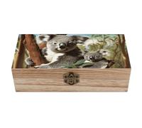 Boîte à souvenirs en bois avec couvercle à charnière, faite à la main. Coffret de rangement décoratif en bois représentant une famille de koalas, idéal pour ranger bijoux, pièces de monnaie, cartes,