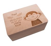 Boîte à souvenirs personnalisée pour bébés et enfants I Boîte en bois - Singe I Cadeaux de naissance personnalisés I Boîte avec nom et dates de naissance 30 x 20 x 14 cm
