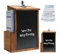 Boîte à Suggestions en Bois avec Serrure et Tableau Noir, Boîte à Dons Verrouillable Murale ou de Comptoir, Urne de Vote et Boîteà Idées avec 50 Cartes de Suggestions, 17,3 x 9,9 x 25,1 cm