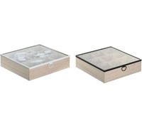 Boîte à thé DKD Home Decor bleu blanc noir naturel métal cristal bois MDF 24 x 24 x 6,5 cm (2 pièces)