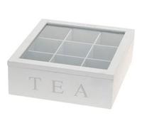 Boite à thé Blanche en Bois avec 9 compartiments pour ranger vos sachets de Thé.Couvercle avec vitre en Verre.