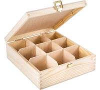 Boîte à thé en bois - Creative Deco - Non peint - 9 compartiments - 23,5x20,5x7,5cm - Naturel