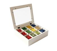 Boîte à thé Relaxdays, 12 Compartiments, Bambou, Rangement sachets de thé, fenêtre, 8 x 28 x 23 cm, Blanc