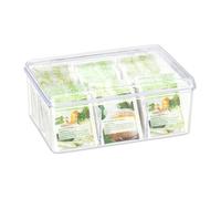 Relaxdays 2X Boîtes à thé, Coffret, 90 sachets thé, Couvercle, 6 Compartiments, HxlxP: 9 x 21,5 x 14,5 cm, Transparent