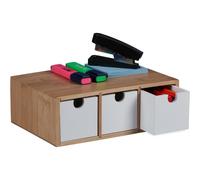 Boîte à Tiroirs, Bambou Et Mdf, Mini-commode 3 Compartiments, Hxlxp : 9 X 26 X 18 Cm, Organiseur, Nature/blanc - Relaxdays
