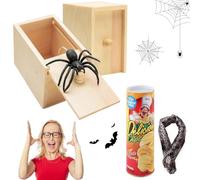 Boite Araignee A Farce en Bois, 2pcs Boite Araignee A Farce en Bois et 1pcs Pomme de Terre Chips Serpent, Boîte d'araignée Halloween, Jouets Prank Pomme de Terre Chips Serpent, pour Halloween
