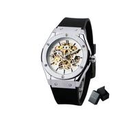 (BOÎTE ARGENT BLANC) WINNER Montre Mécanique Automatique pour Homme Bracelet Caoutchouc Cadran Squelette