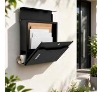 Boîte Aux Lettres Noire avec Compartiment Journaux,avec 2 Clés | Moderne,Par Poudre,Compartiment Journaux Et Grande Trappe D'Introduction,37*37*11cm,Résistante À La Rouille Et Aux Uv