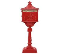 Boîte aux lettres sur pied rouge en fonte d'aluminium 42,5 x 29,5 x 117 cm avec serrure et rabat pour extérieur, jardin, terrasse, résistante aux intempéries et verrouillable, avec compartiment à