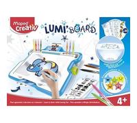 Boîte avec une machine lumineuse, 30 fiches, 12 feutres, 20 feuilles Blanches A4. De 4 à 8 ans.