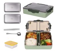 Boîte bento 1000 ml, boîte repas étanche avec 2 compartiments en acier inoxydable, récipient micro-ondable avec cuillère, baguettes, petit bol en plastique pour travail, pique-nique, meal prep