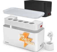 Boîte cache câble - ACROPAQ - Cache multiprise - 5 prises + USB-C/USB-A - Parafoudre - Blanc