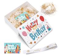 Boîte Cadeau Anniversaire 25 x 18 x 8,5 cm, Blanc Boite Cadeau Vide Pliable avec Couvercle, Ruban, Carte D'anniversaire, Raphia