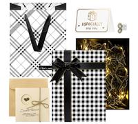 Boîte cadeau avec couvercle, 25 × 18 × 8,5 cm avec couvercle avec sac de transport, carte d'amour et guirlande lumineuse réglable de 2 m, boîte cadeau pour mariage, anniversaire, Noël