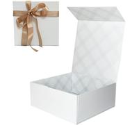 Boîte Cadeau Blanc 21,5x21,5x9 Cm, Boîte Cadeau Haut De Gamme Avec Couvercle Magnétique Et Ruban Pour Emballage Cadeau De Vacances, Mariage, Anniversaire, Doublure À Carreaux