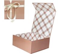 Boîte Cadeau Or Rose 21,5x21,5x9 Cm, Boîte Cadeau Haut De Gamme Avec Couvercle Magnétique Et Ruban Pour Emballage Cadeau De Vacances, Mariage, Anniversaire, Doublure À Carreaux