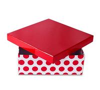 Boîte cadeau « Red Christmas » blanc/rouge avec couvercle rouge et pois rouges, dimensions 18 x 18 x 7 cm, boîte cadeau disponible en 8 tailles