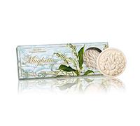 Boîte cadeau Savon Muguet Italien, Lot de 3 savons naturel ronde sculptée avec fleurs, 3 x 125g