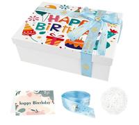 Boite Cadeau Vide Rectangulaire, Happy Birthday Boîtes Cadeaux avec Couvercles, Boite Cadeau Anniversaire 25 x 18 x 8,5 cm Boite Coffret Cadeau Vide avec Ruban, Carte de Vœux, Papier Déchiqueté