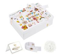 Boite Cadeau Vide Rectangulaire, Happy Birthday Boîtes Cadeaux avec Couvercles, Boite Cadeau Anniversaire 25 x 18 x 8,5 cm Boite Coffret Cadeau Vide avec Ruban, Carte de Vœux, Papier Déchiqueté