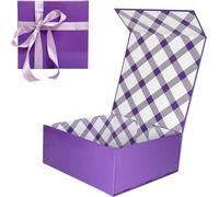Boîte Cadeau Violet 21,5x21,5x9 Cm, Boîte Cadeau Haut De Gamme Avec Couvercle Magnétique Et Ruban Pour Emballage Cadeau De Vacances, Mariage, Anniversaire, Doublure À Carreaux