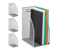 Relaxdays Boîte classeur métal, Lot de 4, DIN A4, Droit, Large, Mailles, pour journaux, Bureau, HlP: 32 x 16 x 24,5 cm, argenté