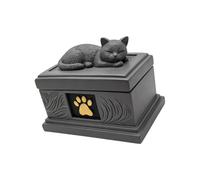 Boîte commémorative de chat pour exposition commémorative d ' animal de compagnie, urne en résine grise avec figurine de chat endormi et impression de patte dorée sur le devant pour décoration