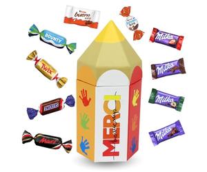 Boite crayon garnie d'un Assortiment de 20 bonbons au chocolat MILKA, KINDER, CELEBRATIONS | Cadeau de fin d'année pour les Maîtresses, Maîtres, ATSEM & Nounous