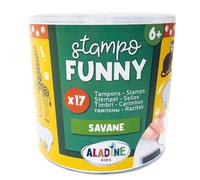 Aladine - 17 Tampons Animaux de la Savane avec Encreur Noir - Tampons Enfant dès 6 ans - Stampo Funny - Encre Lavable - Activité Manuelle Dessin - Lion Singe Rhino - Cadeau Fille Garçon