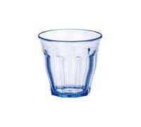 Boîte de 24 verres JIN 16cl, de dimension 7,5 x 7 cm, pour jus, thé ou eau, en verre transparent bleu