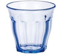 Boîte de 24 verres JIN 16cl, de dimension 7,5 x 7 cm, pour jus, thé ou eau, en verre transparent bleu