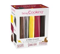 ScrapCooking - Lot de 5 Pâtes à Sucre Sorcier - Jaune, Bordeaux, Marron, Gris, Noir - 5 x 80 g - Pour Gâteaux Biscuits Décors Pâtisseries - Thème Magie Sorcellerie - Anniversaire, Halloween - 7248