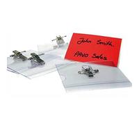 Boîte de 50 badges transparents format 57 x 91 mm, pince + épingle et bristol