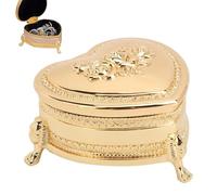 Boîte de bijoux vintage, boîte en forme de coeur en alliage en zinc, boîte de bijoux mignonne baroque dorée avec un petit organisme de bijoutte à fleurs anciennes pour anneaux, boucles d'oreilles, co