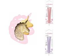 Boîte de biscuits en relief licorne + 2 crayons de chocolat rose pastel et violet