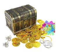 Boîte de Coffre au Trésor de Pirate avec Cadenas avec 50pcs d'or de Pirate + 100 pcs Diamant de Pirate, Jouets Enfants Halloween en Plastique Trésor pour Le Trésor Chasse Jeu Décoration de Fête