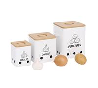 Boîte de Conservation Relaxdays pour Pommes de Terre, oignons et ail, 3 pièces, métal, Couvercle en Bambou, Blanche.