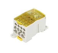 Boîte de distribution de câbles montée sur rail, Shunt haute puissance 1 en 11 sorties, Laiton nickelé, Boîtier en polycarbonate Cosses circulaires(Geel)