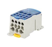 Boîte de distribution de câbles montée sur rail, Shunt haute puissance 1 en 11 sorties, Laiton nickelé, Boîtier en polycarbonate Cosses circulaires(Blauw)