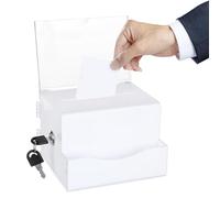 Boîte de dons en acrylique verrouillable - Boîte de dons en acrylique - Urne de vote - Boîte recommandée avec clé noire - Pour collecter des cartes, des tirages au sort, des concours - Blanc