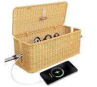 Boîte de gestion de câbles, faite à la main, aspect rotin, avec prise de dérivation, passe-câbles et rangement