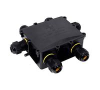 Boîte de jonction étanche pour extérieur, dimensions 13,5 x 11,5 x 4,7 cm, avec 6 presse-étoupes IP68. Idéal pour protéger les connexions en extérieur. Série Black (rétractée) BK-6P.