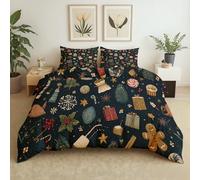 Boîte de Noël, Bonhomme en Pain D'Épices, Pompadours Housse de Couette 200x220cm Parure de lit 3 pièces + 2 taies d'oreillerBâtons D'Ornement et Boules de Noël Parure de Lit Avez Fermeture Éclair