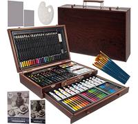 Boîte de peinture pour enfants - 130 pièces - XXL - Avec mallette en bois - Crayons de couleur, aquarelle et toiles - Kit créatif pour l'école, la maison et cadeaux de rentrée scolaire