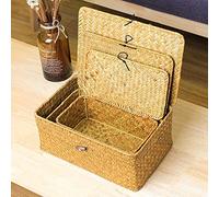 Boite de Rangement avec Couvercle Rectangulaire Fait à la Main en Rotin Tressé Panier de Rangement Organisateur de Maquillage Multifonction, Boîte Naturelle pour étagères (S/M/L)