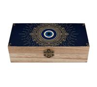 Boîte de rangement bohème œil maléfique, turquoise et dorée, en bois naturel. Coffret à bijoux rustique de luxe, idéal pour conserver vos souvenirs. Dimensions : 20 cm (L) x 10 cm (l) x 6 cm (H).