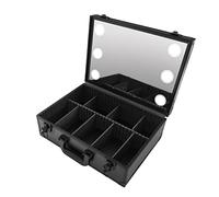 Boîte de rangement cosmétique avec 6 lumières LED et miroir Séparateur amovible Boîte de rangement cosmétique Boîte de maquillage avec lumières et port USB Noir